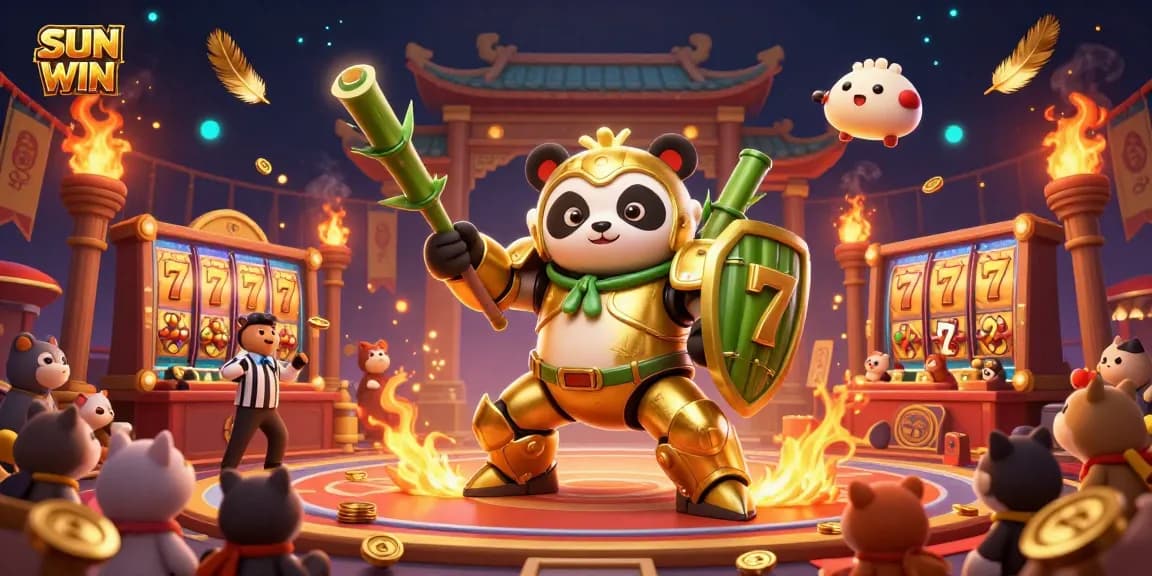 SUN WIN brings excitement with a vibrant casino scene featuring a golden panda in a mech-suit battling amidst golden coins and slot symbols.