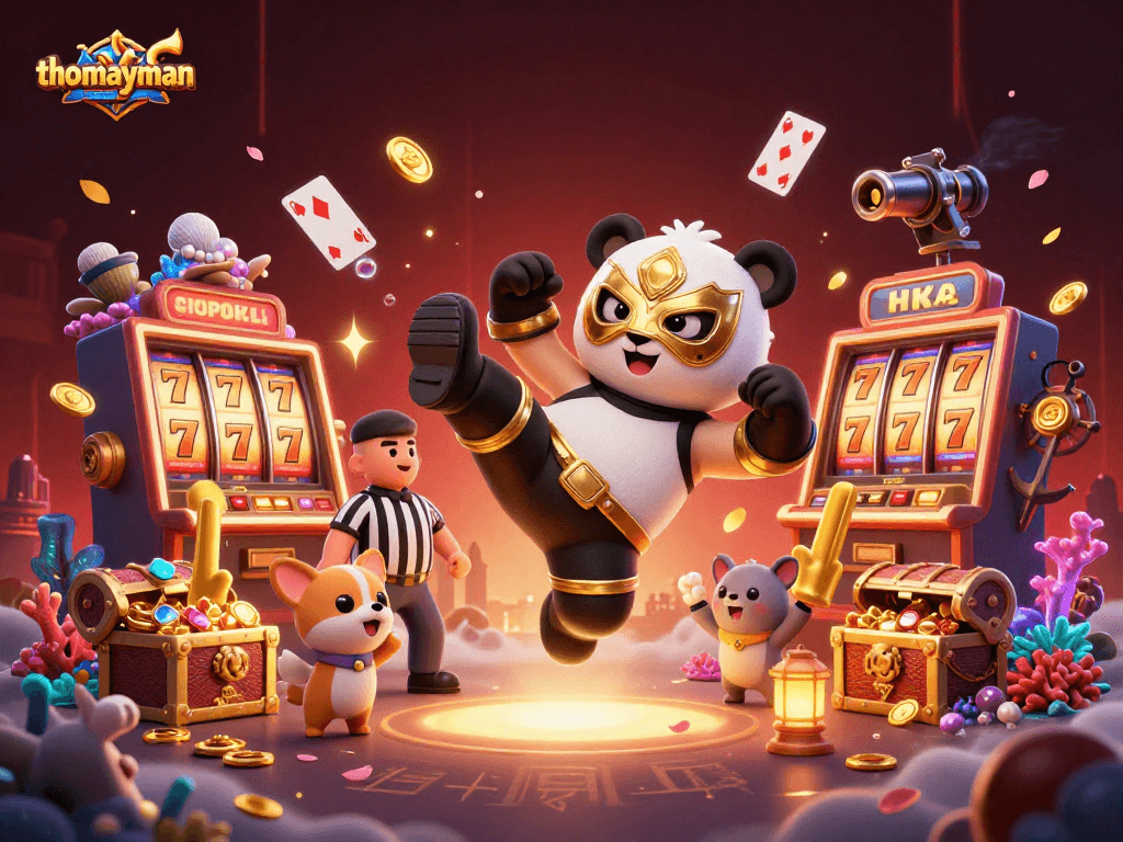 thomayman features a panda wrestler performing in a vibrant casino scene with slot machines and cheering spectators