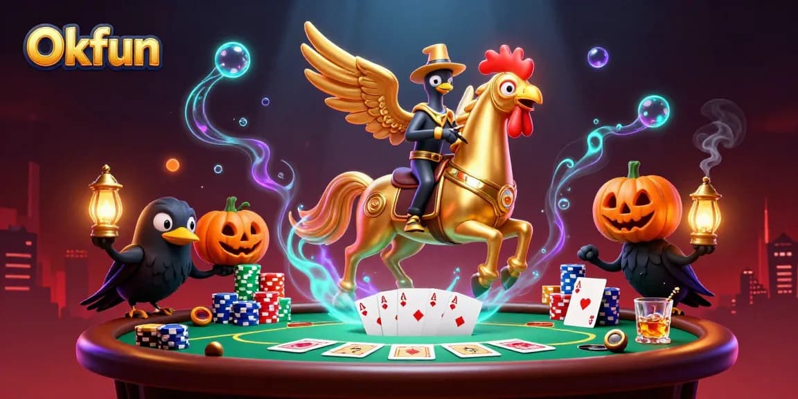 Engage in thrilling gameplay at Okfun, featuring a vibrant casino scene with exciting poker elements.