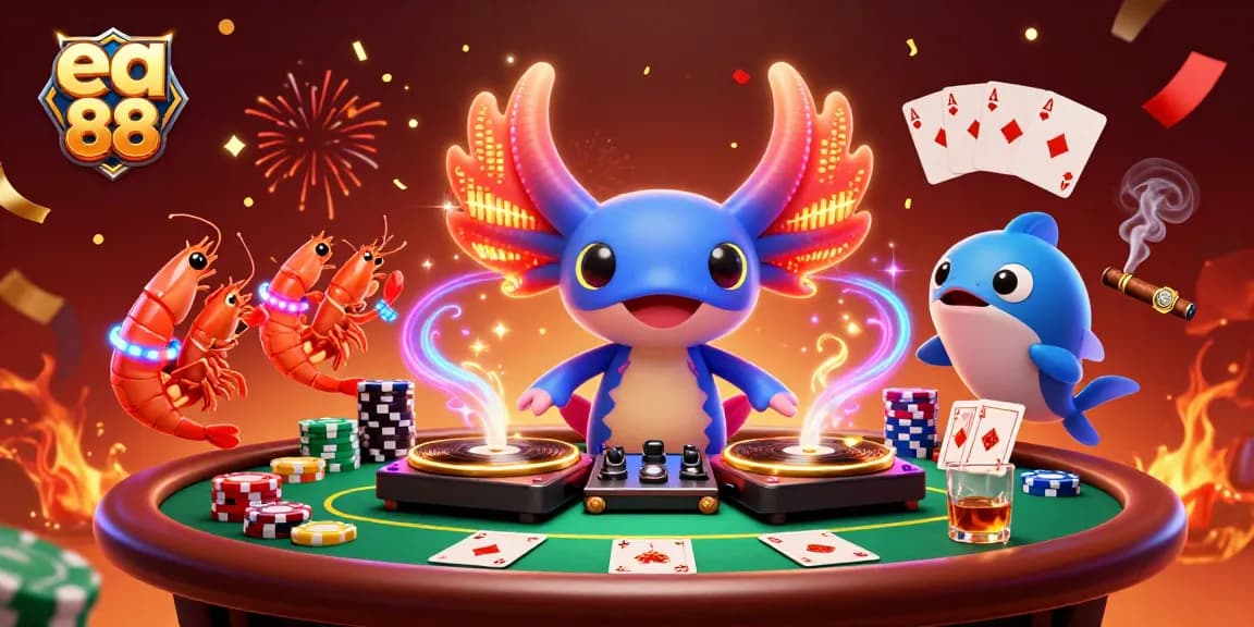 Experience thrilling gaming at ea 88 with vibrant axolotl DJ and lively casino atmosphere.