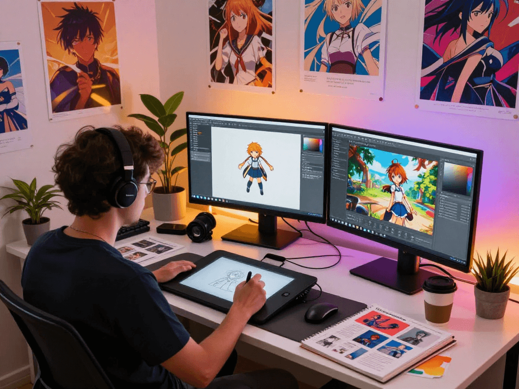Creating ai hentai chat visuals in a vibrant digital art studio with interactive elements and creative atmosphere.