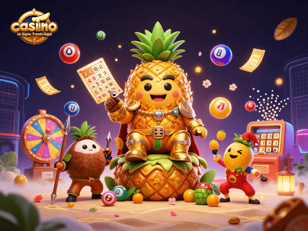 Illustration dynamique du casino en ligne légal en France avec un roi ananas et des éléments de jeux colorés.