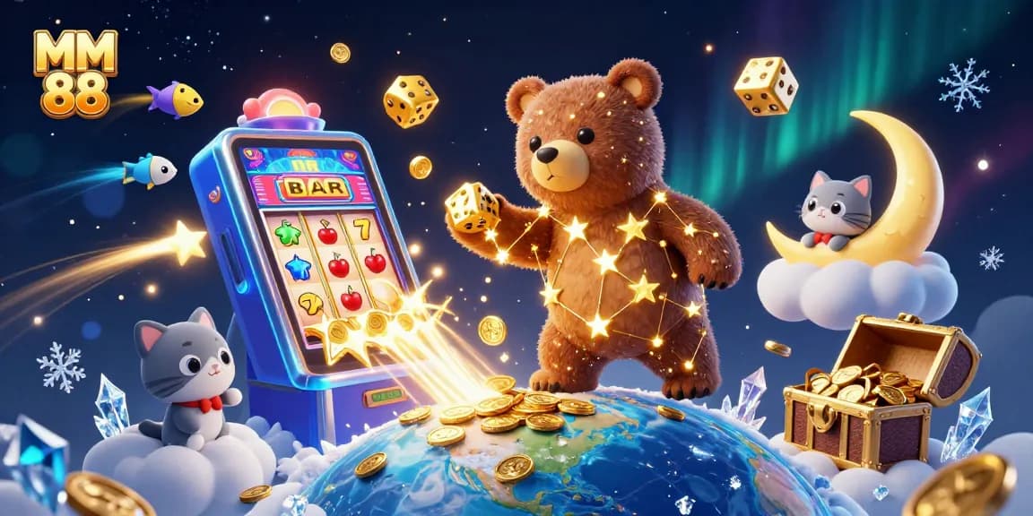 Engage with MM 88's vibrant casino world featuring constellation bear, exciting games, and jackpot moments.