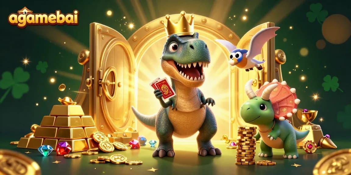 Experience agamebai fun as a T-Rex shuffles cards while a pterodactyl assists with golden chips around them.
