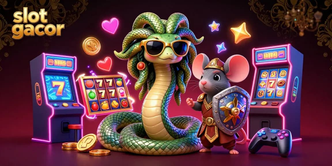 Spin the slot gacor reels with Medusa and a warrior mouse in an enchanting casino scene.