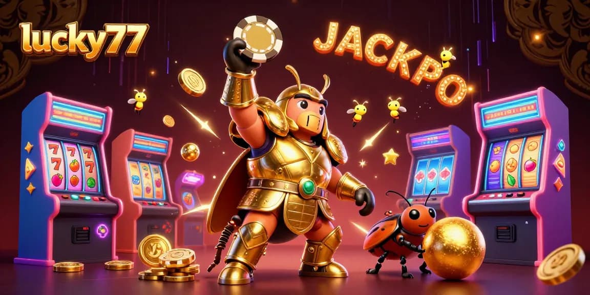 Challenge your luck at lucky77 with a vibrant 3D casino scene featuring beetles and jackpots.