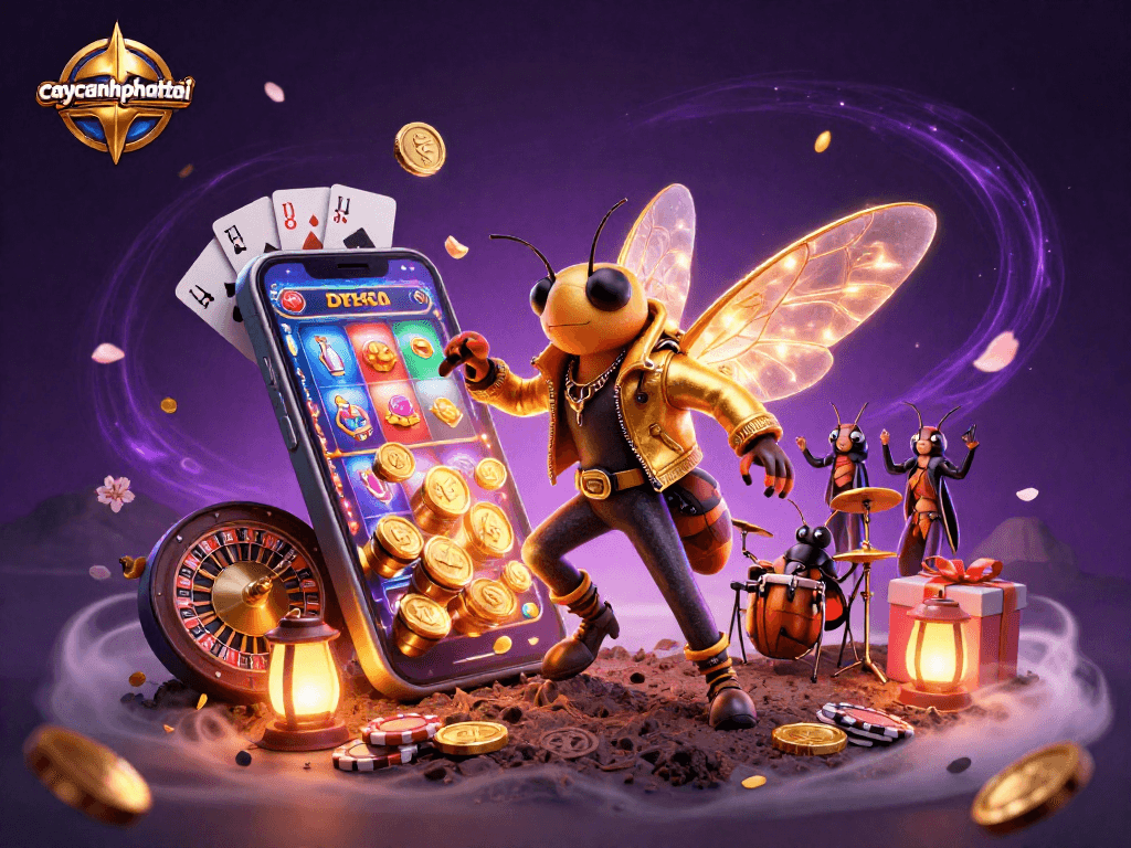 Caycanhphattai showcases a vibrant 3D rock star scene, celebrating thrilling game wins.