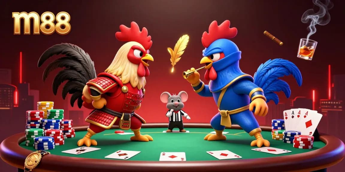 Engage in thrilling m88 action with fighting roosters at a dynamic poker table.
