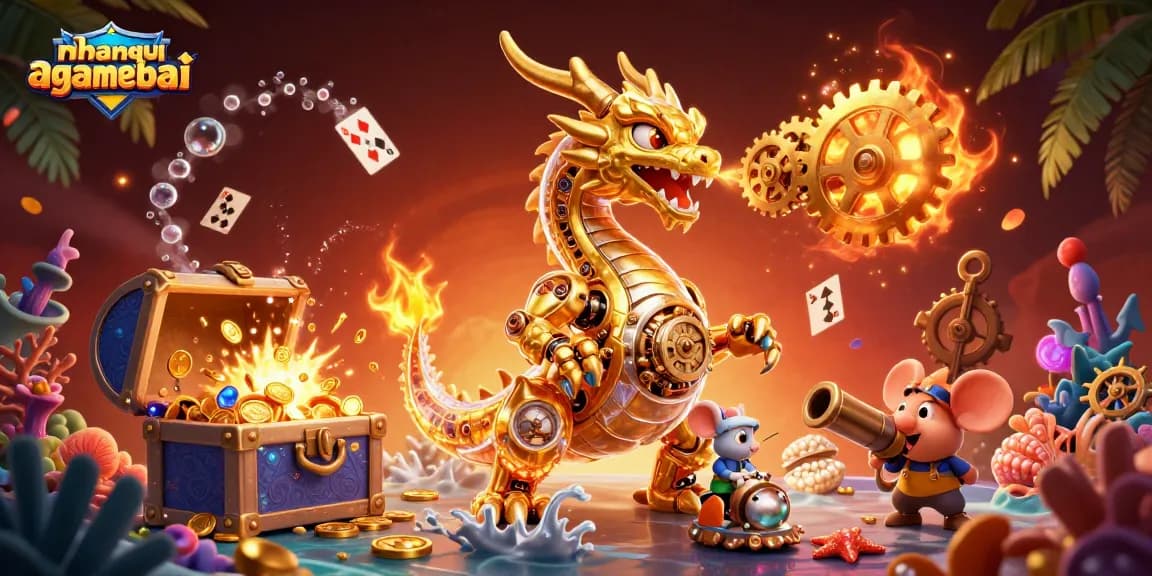 Experience strategic gameplay in Callbreak at nhanquagamebai with 3D cartoon dragon and gems.