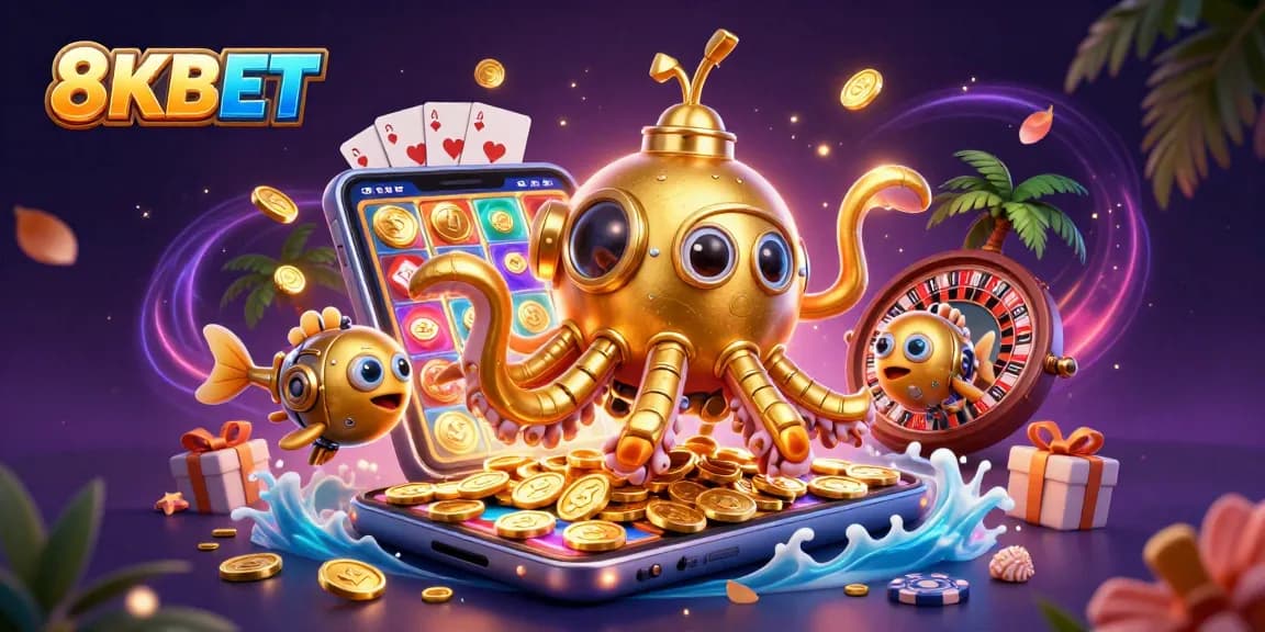 Spin the reels on the colorful slots with 8KBET's vibrant casino illustration featuring golden kraken and epic winnings.