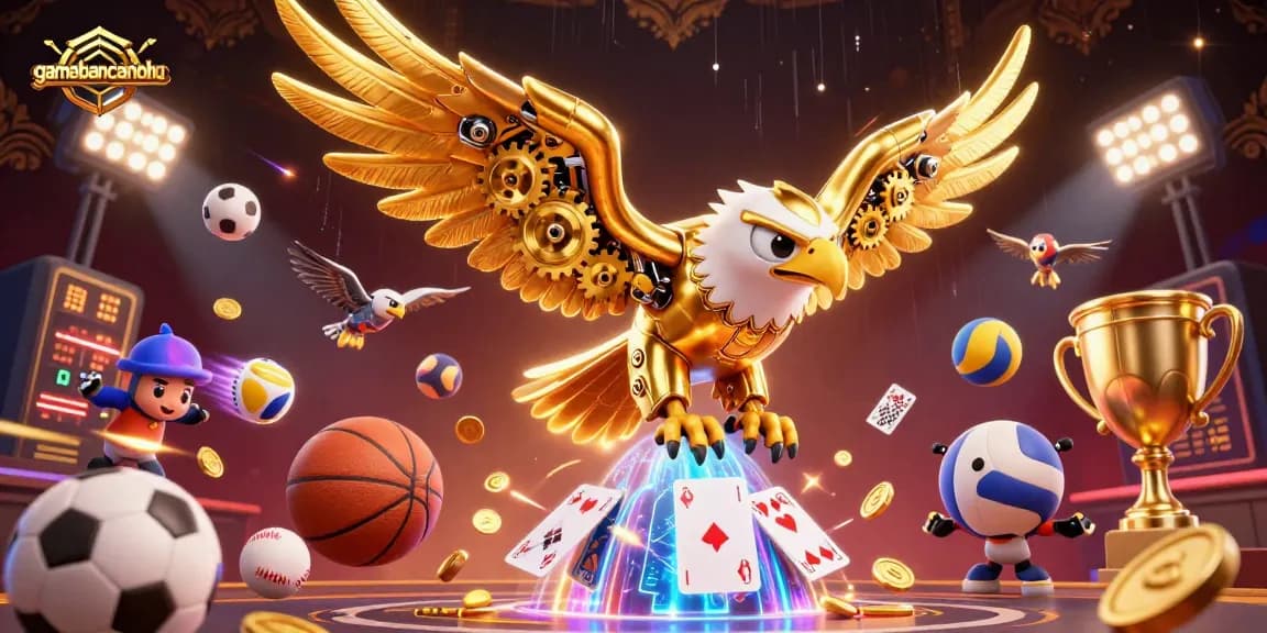 Engage with gamebancanohu's thrilling atmosphere as the golden eagle dives through holographic cards.