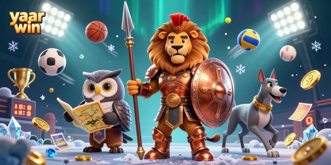 Experience thrilling gameplay with yaar win featuring a Spartan lion, tactical owl, and swift greyhound in a vibrant casino scene.