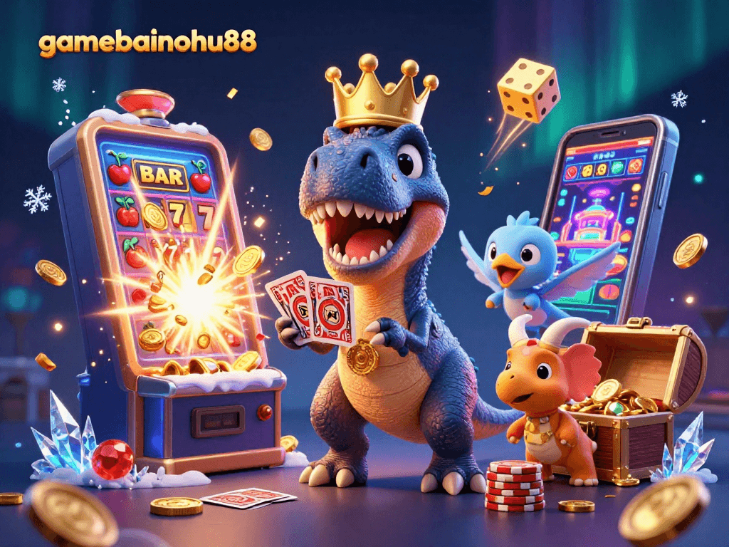 Experience fun in the gamebainohu88 world with a T-Rex and friends at a vibrant casino!