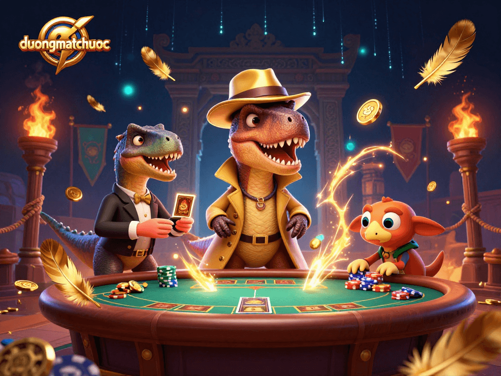 Experience thrilling duongmatchuoc action with cartoon characters at a blackjack table, surrounded by vibrant casino visuals.