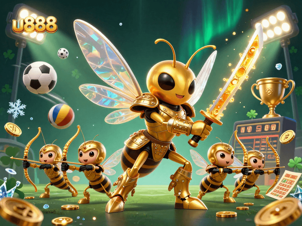 Experience the thrill at u888 with vibrant gaming elements dynamically surrounding a golden hornet warrior.