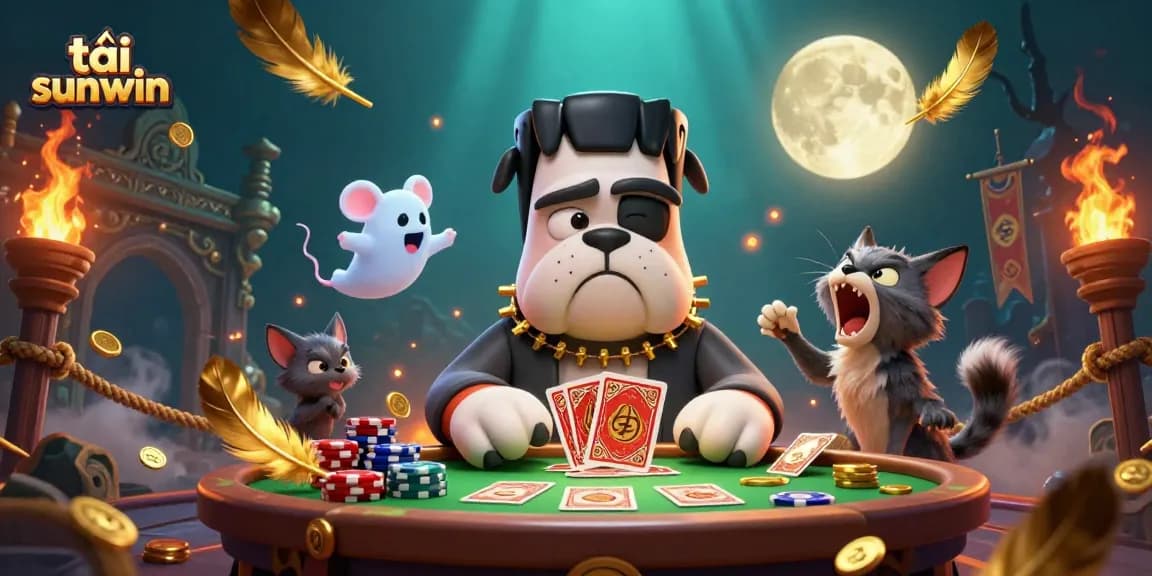 Play cards with the 3D cartoon character in this dynamic tải sunwin illustration at a spooky casino.