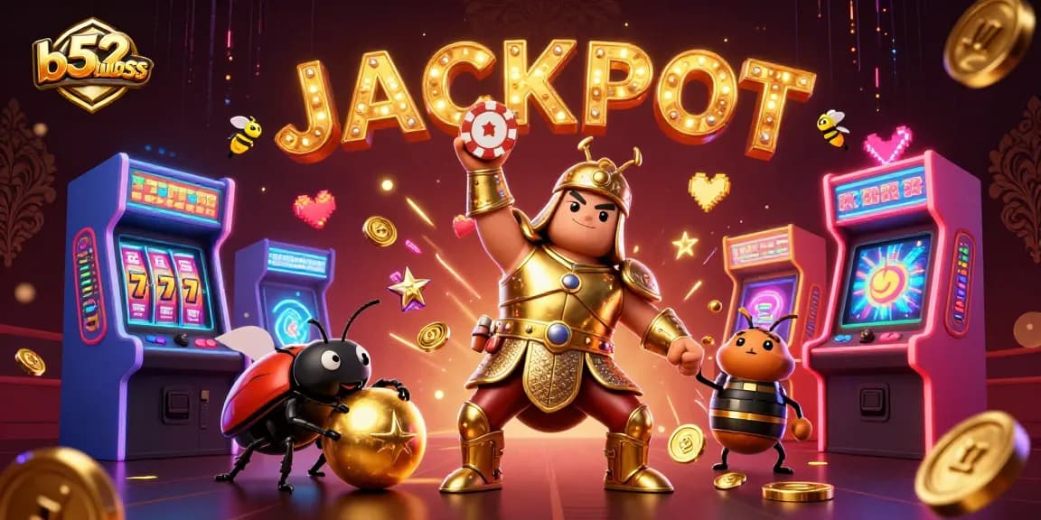 B52clubss presents a victorious beetle in gladiator armor at a jackpot-themed casino scene with vibrant arcade elements.