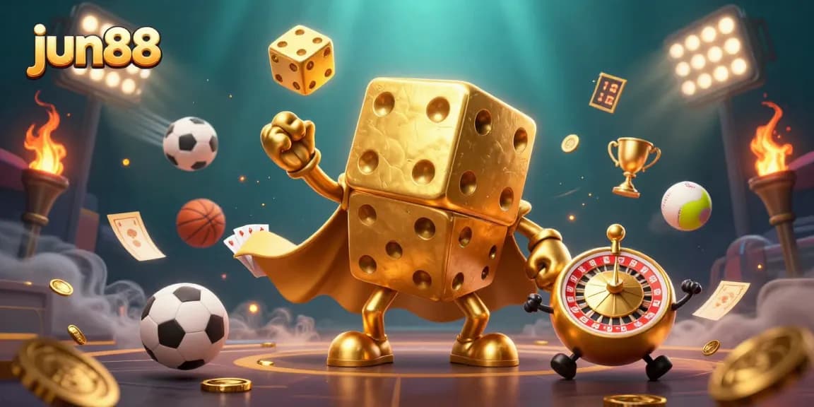 Witness the thrilling betting experience with jun88, featuring golden dice and sports elements in a vibrant casino setting.