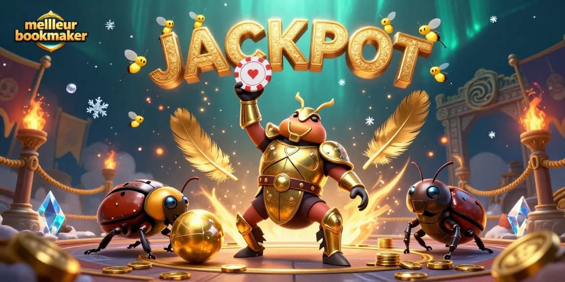 Illustration dynamique de meilleur bookmaker avec un scarabée en armure dorée levant un jeton de poker, ambiance de casino.