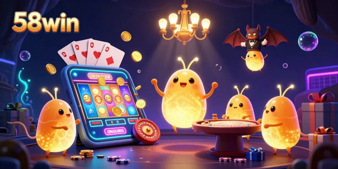 Experience 58win adventures in a vibrant casino scene with glowing characters lighting up thrilling games.