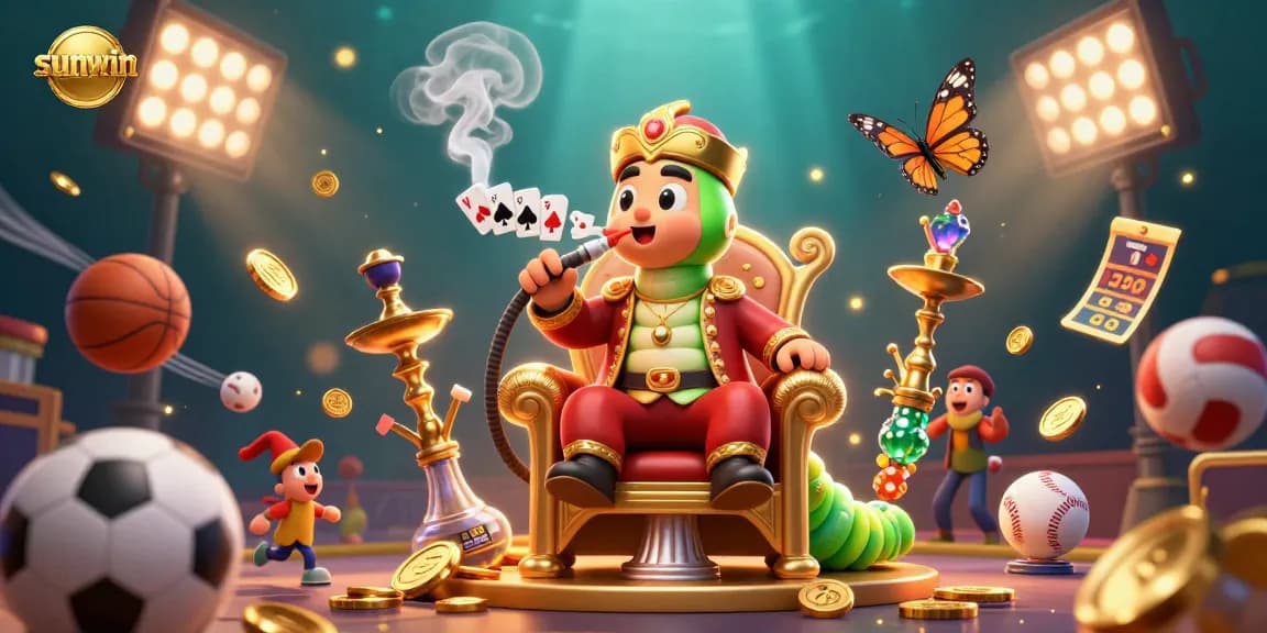 Bet big at sunwin with a 3D gaming scene featuring a hookah master and sports action