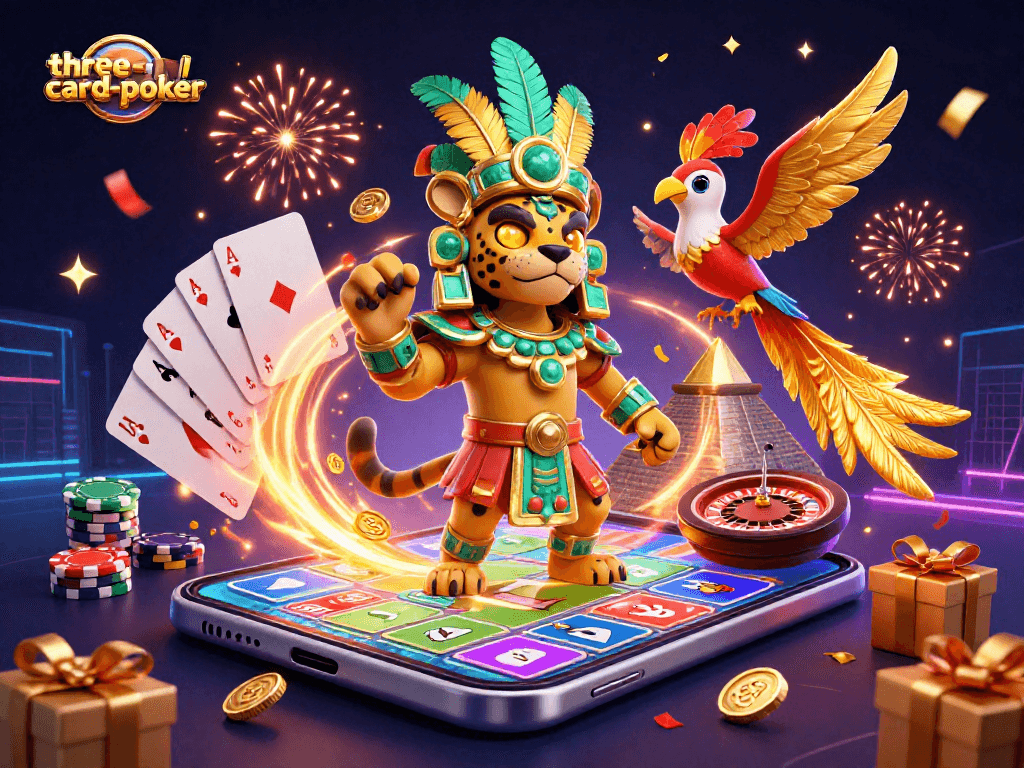 Experience three-card-poker action with vibrant characters and dynamic game elements in 3D illustration.
