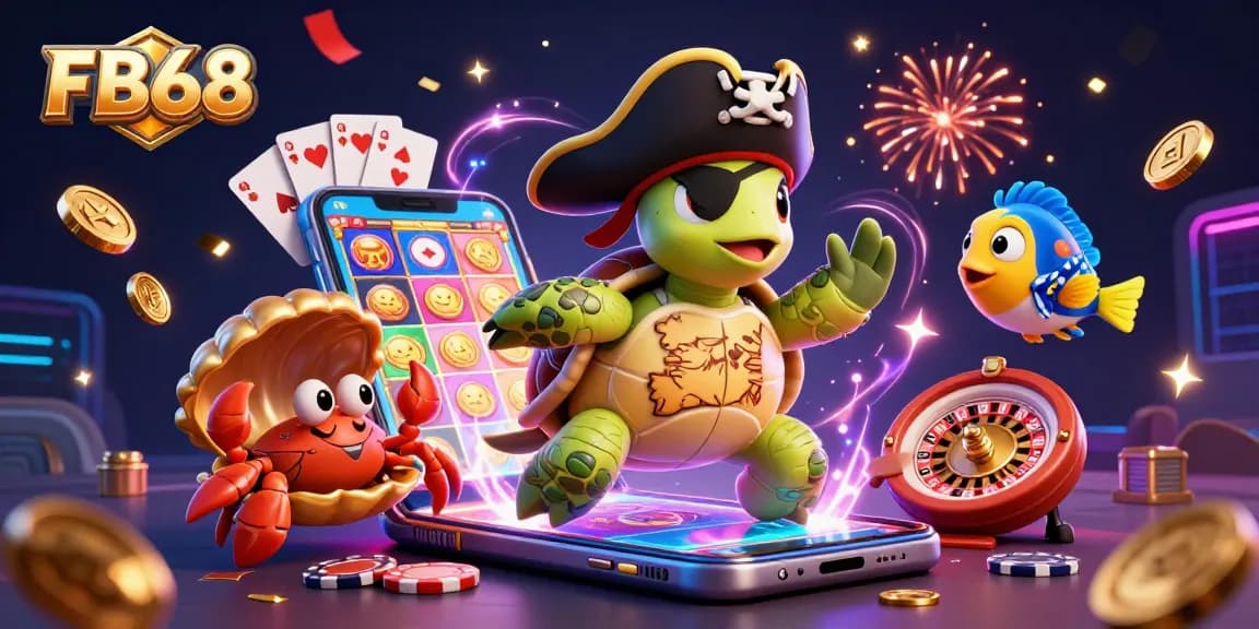 Experience thrilling gameplay with FB68's vibrant pirate-themed casino illustration, featuring a treasure-hunting turtle.