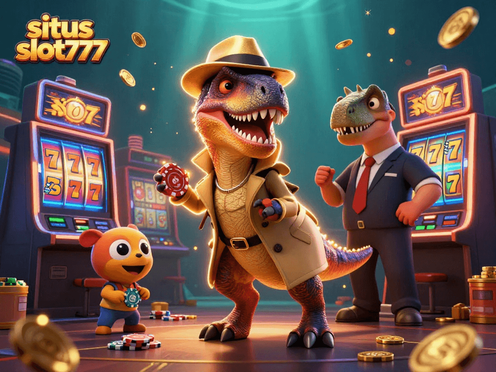 Situs slot777 introduces thrilling slot actions with a velociraptor and stegosaurus in a vibrant casino scene.