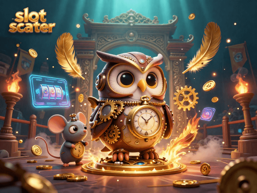 Explore the excitement of slot scatter with vibrant 3D casino illustration showcasing steampunk elements, coins, and dramatic particles.