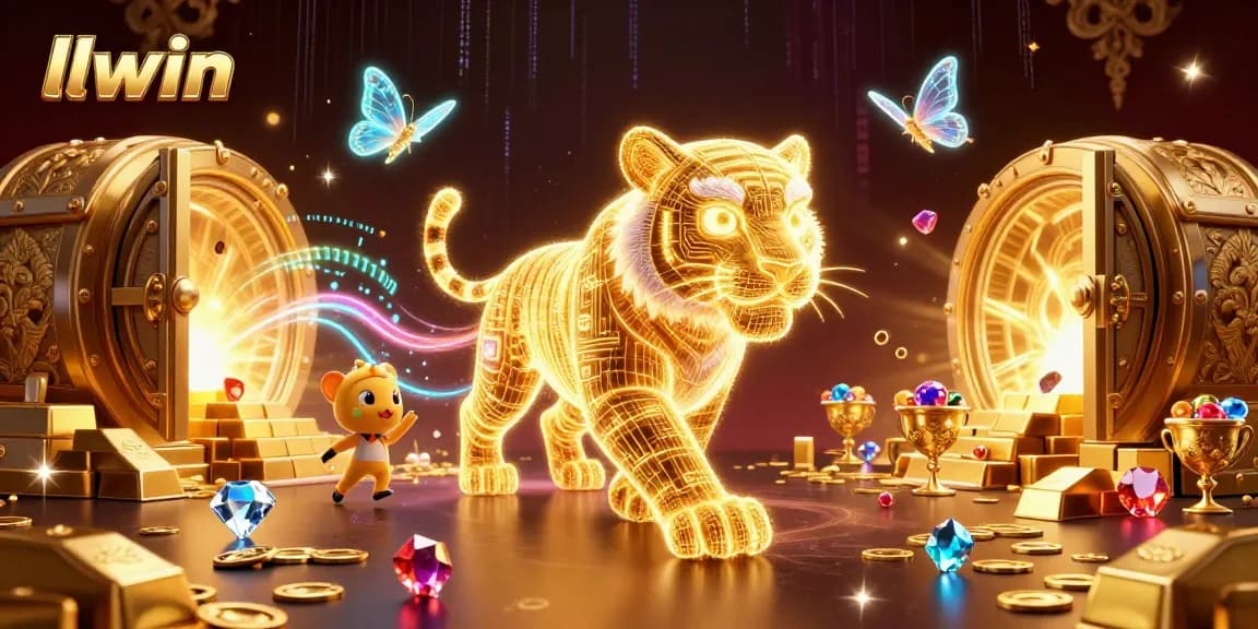 Experience llwin's dynamic digital casino adventure with a glowing golden tiger and vibrant treasures.