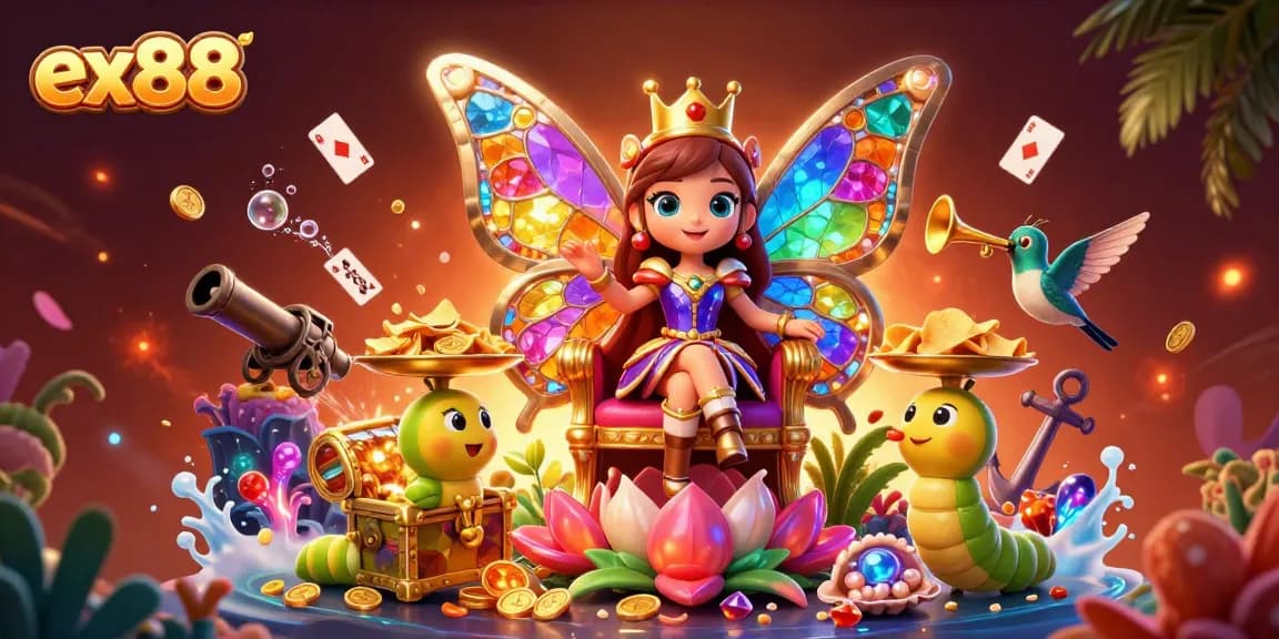 Experience the excitement of ex88 with vibrant casino elements showcasing a butterfly queen and treasures.