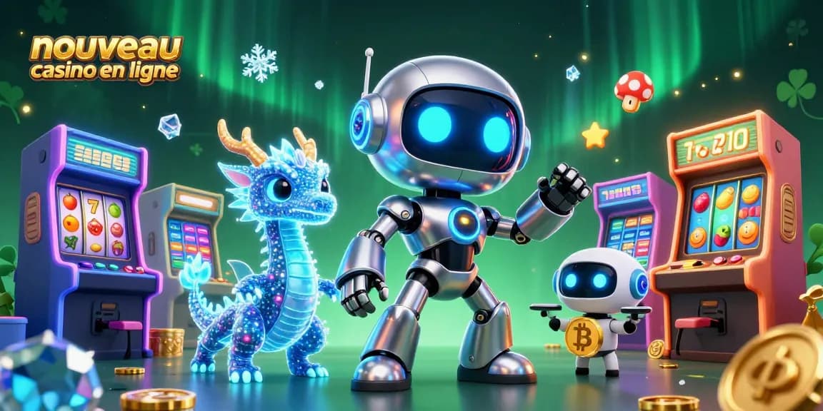 Rejoignez le nouveau casino en ligne avec une scène dynamique de machines à sous et des personnages futuristes.