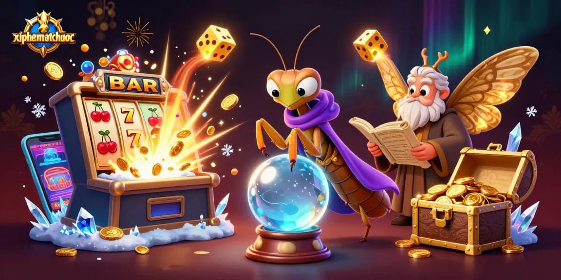 xiphematchuoc showcases thrilling casino excitement in a vibrant 3D illustration with a praying mantis fortune teller.