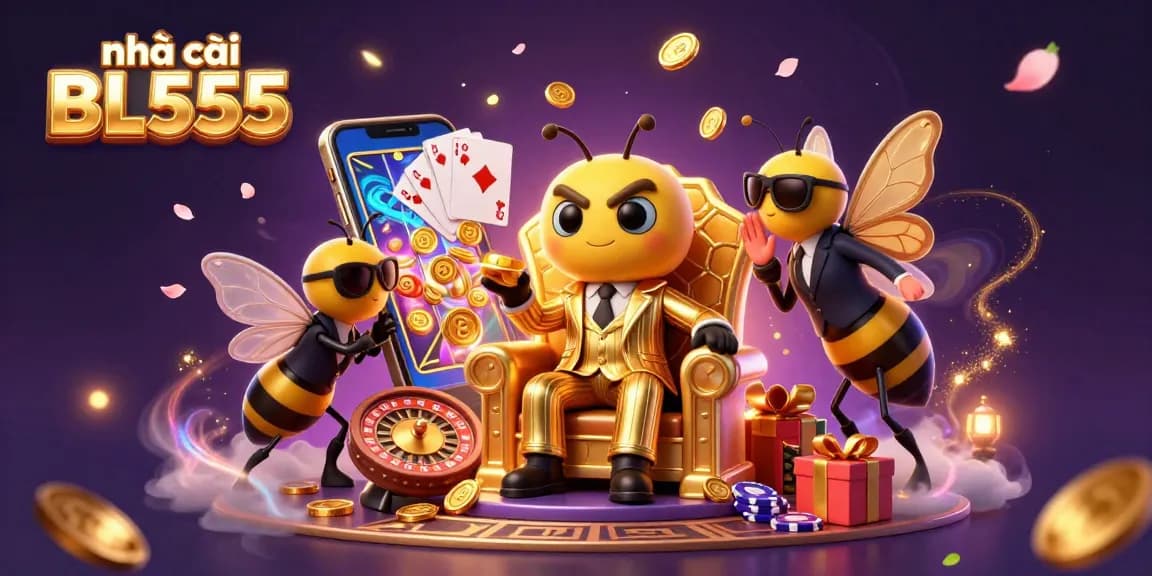 Experience thrilling gameplay at nhà cái BL555 with vibrant casino elements and a cartoon mob boss scene.