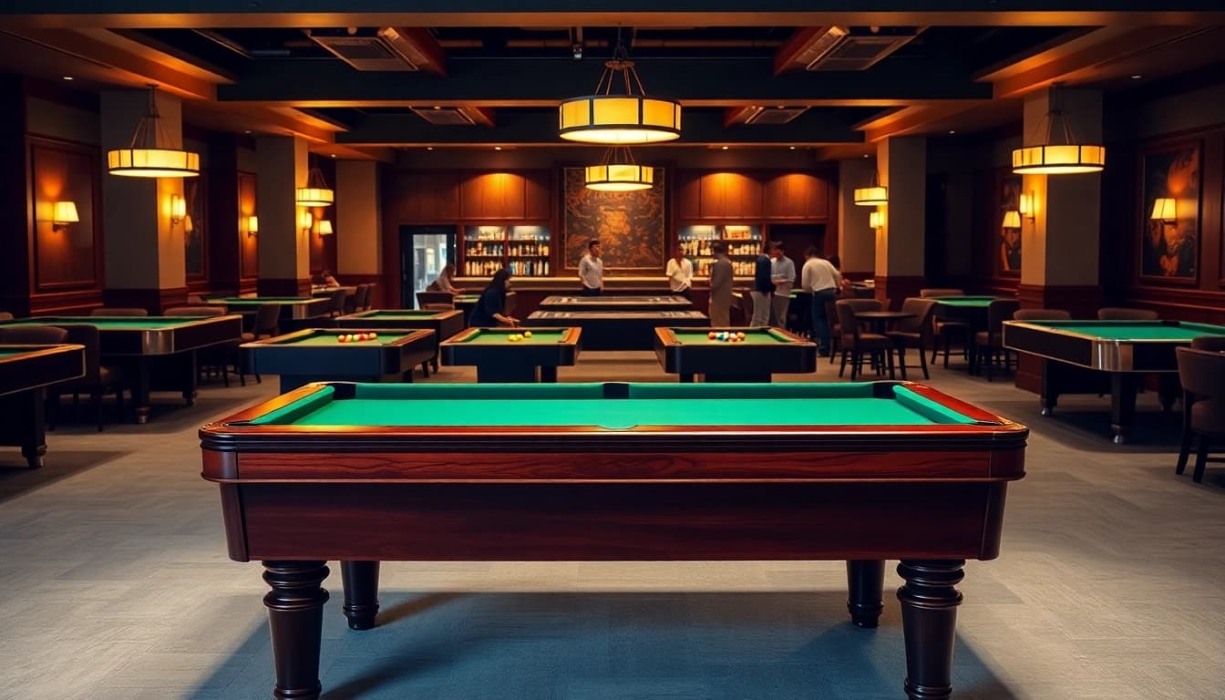 Buy Pool Tables in a stylish pool hall with players enjoying the game.