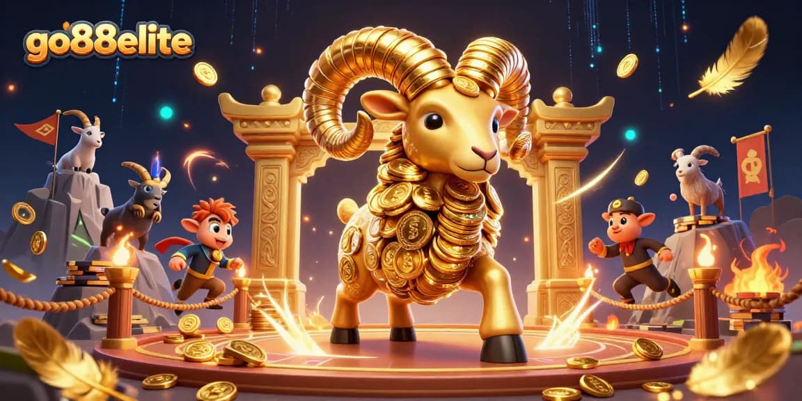 Engage with go88elite's thrilling online casino experience featuring a dynamic golden ram charging through an ornate gate.