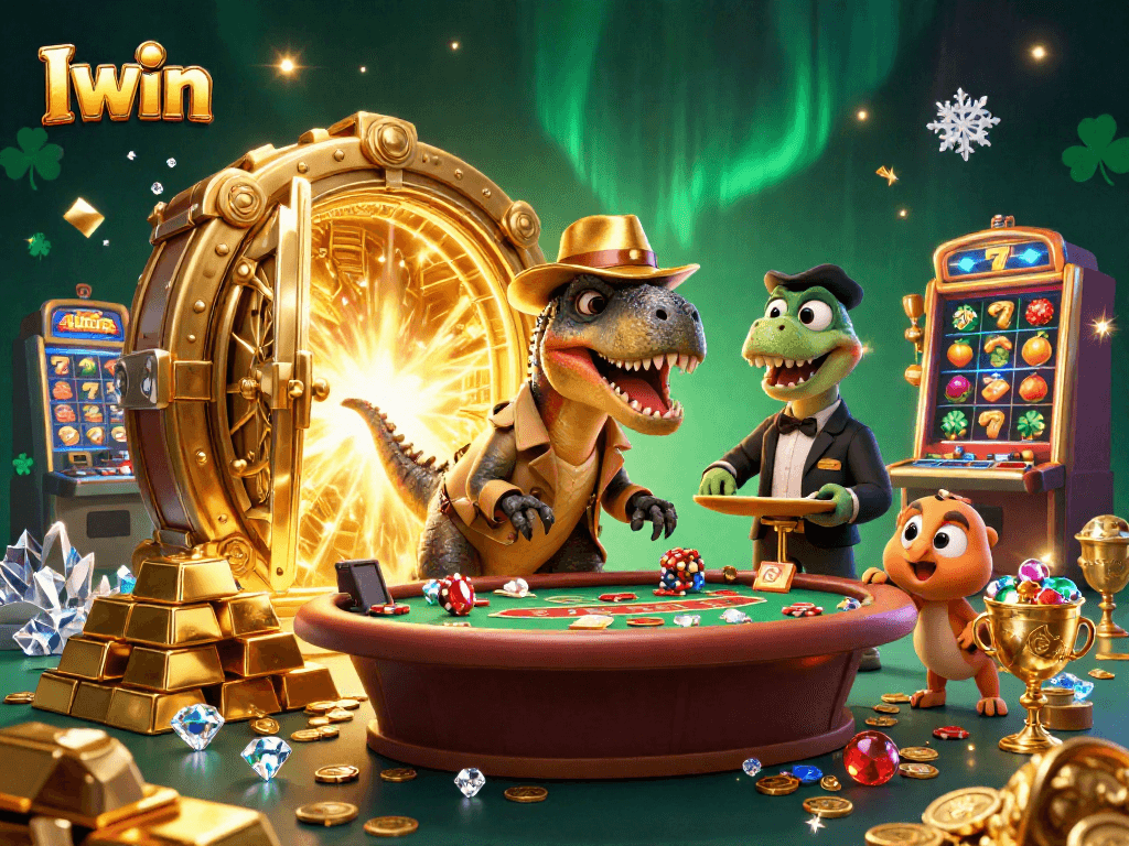 Iwin casino illustration with a clever velociraptor card counter, surrounded by riches and slot elements.