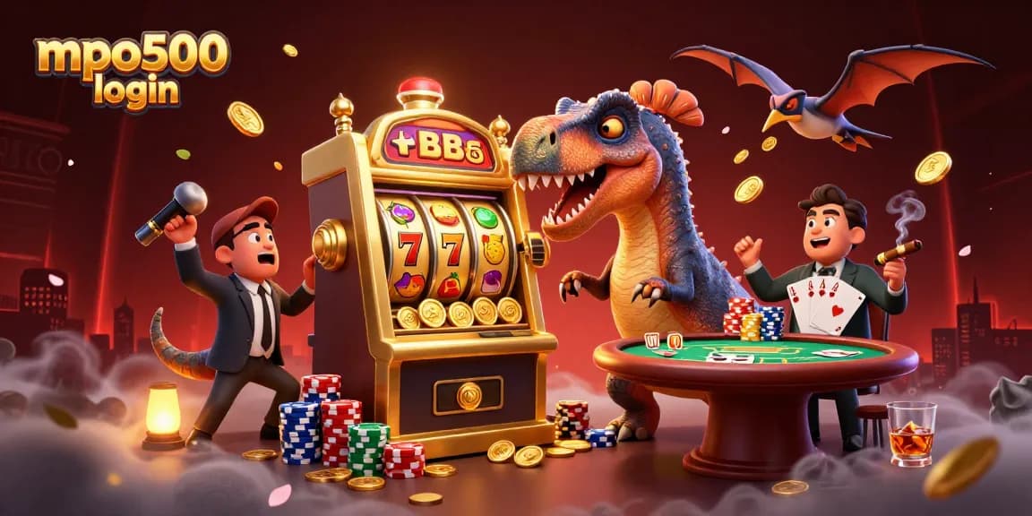 Engage with mpo500 login for exciting jackpots as dinosaurs play slots in a dynamic casino scene.