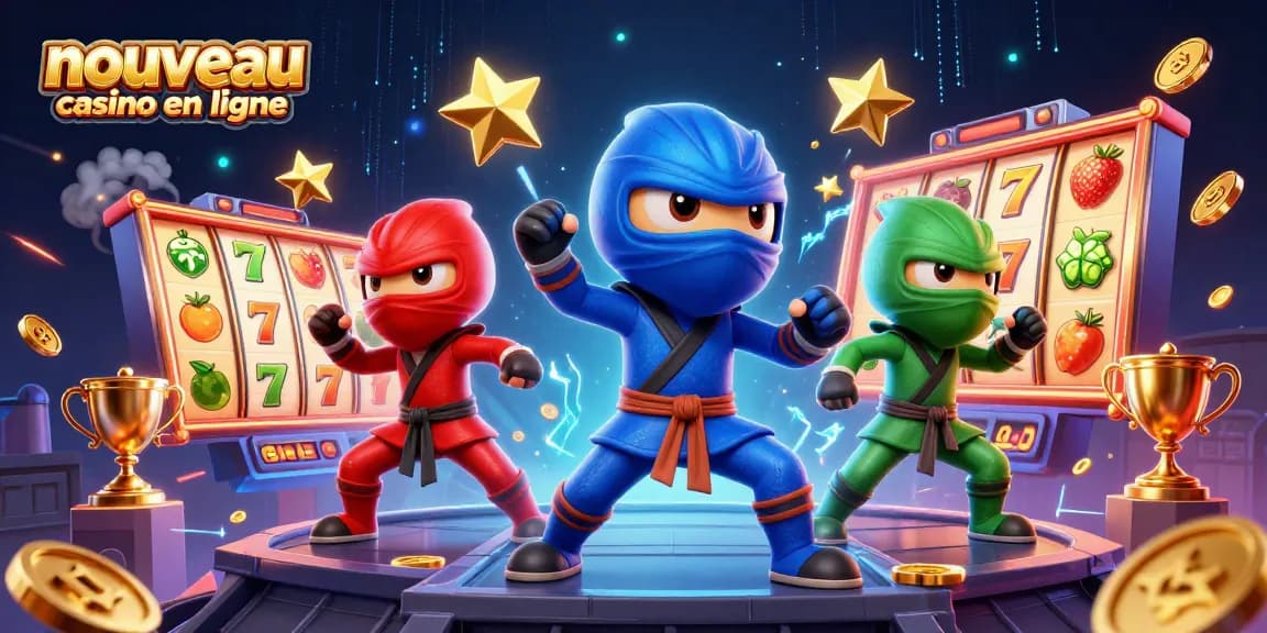 Illustration dynamique de nouveau casino en ligne avec des ninjas caméléons et des rouleaux de machines à sous.