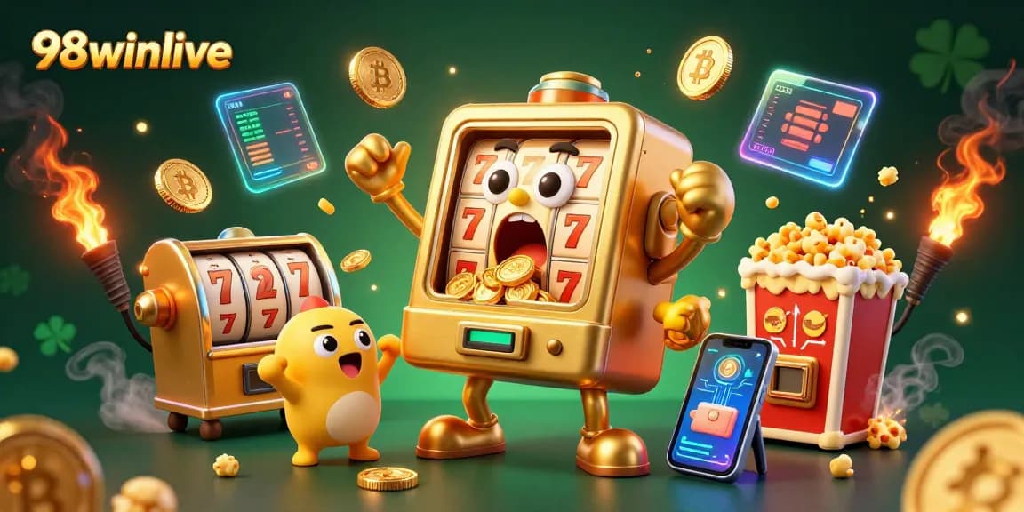 Experience the excitement of 98winlive with a golden slot machine hitting a jackpot, surrounded by cheering mini machines.