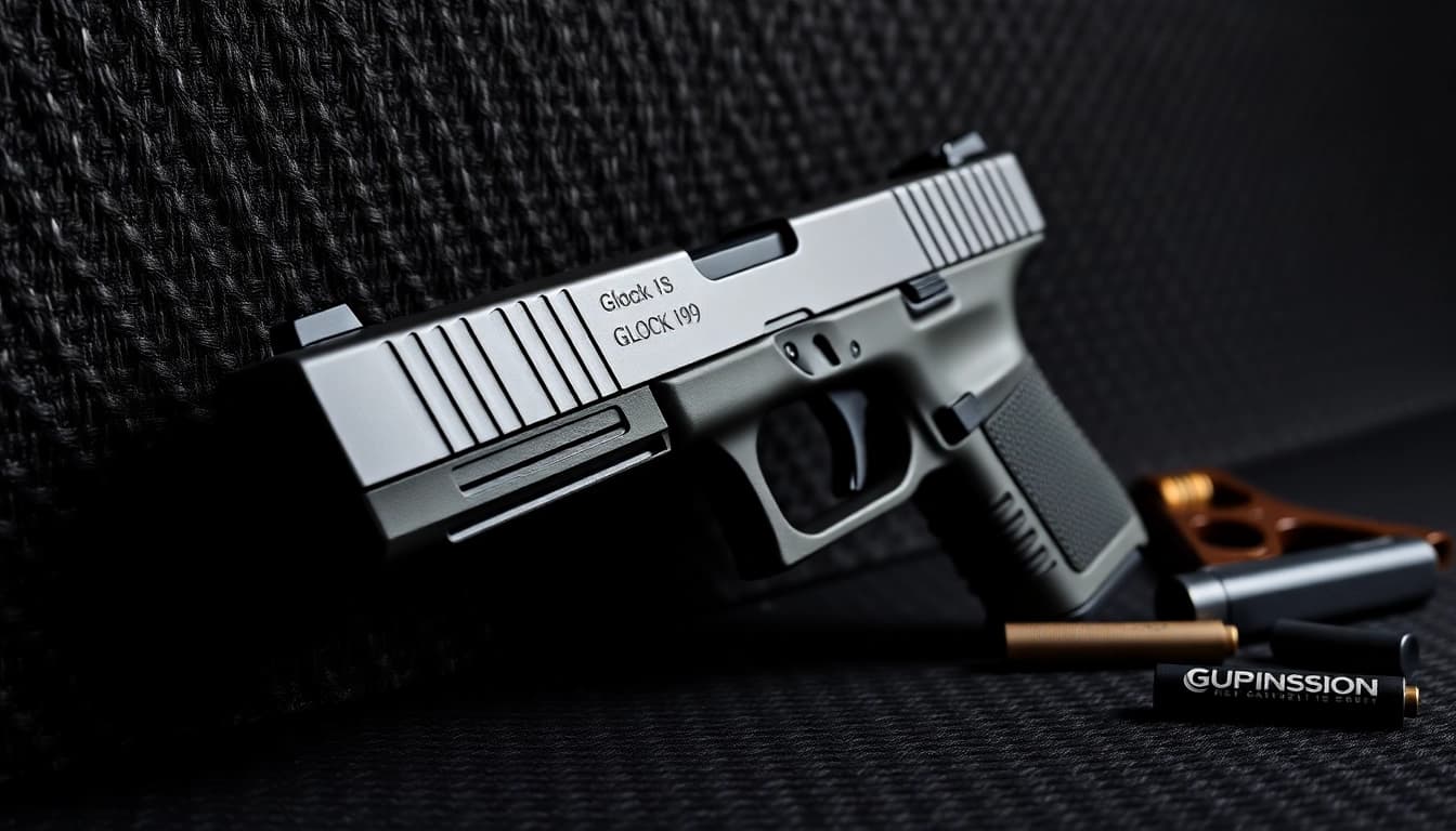 Glock 19 slide OEM showcasing its detailed design and precision craftsmanship on display.