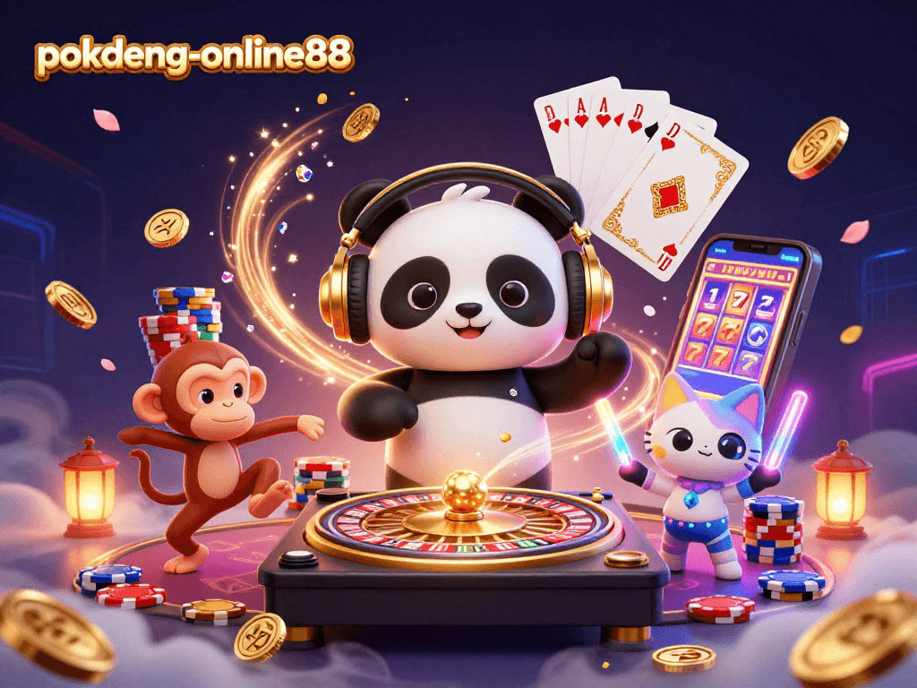 Experience thrilling moments in pokdeng-online88 with a vibrant 3D casino scene featuring dynamic characters and rich elements.