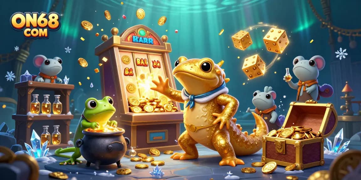 Join the excitement at ON68 COM with a giant salamander alchemist transforming metals into gold coins.