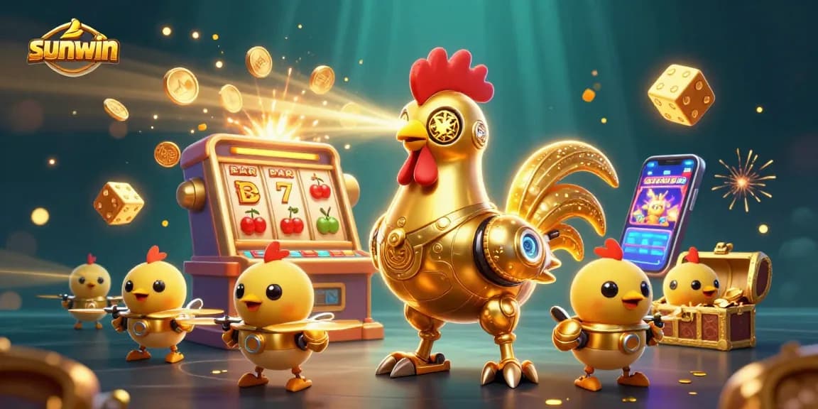 Experience thrilling gameplay at sunwin, featuring a golden rooster robot in a vibrant casino scene.