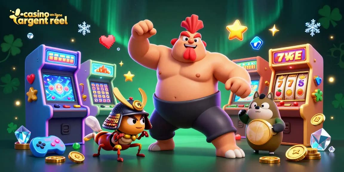 Visualisez un environnement dynamique de casino en ligne argent réel avec un lutteur sumo, un criquet et un tanuki.