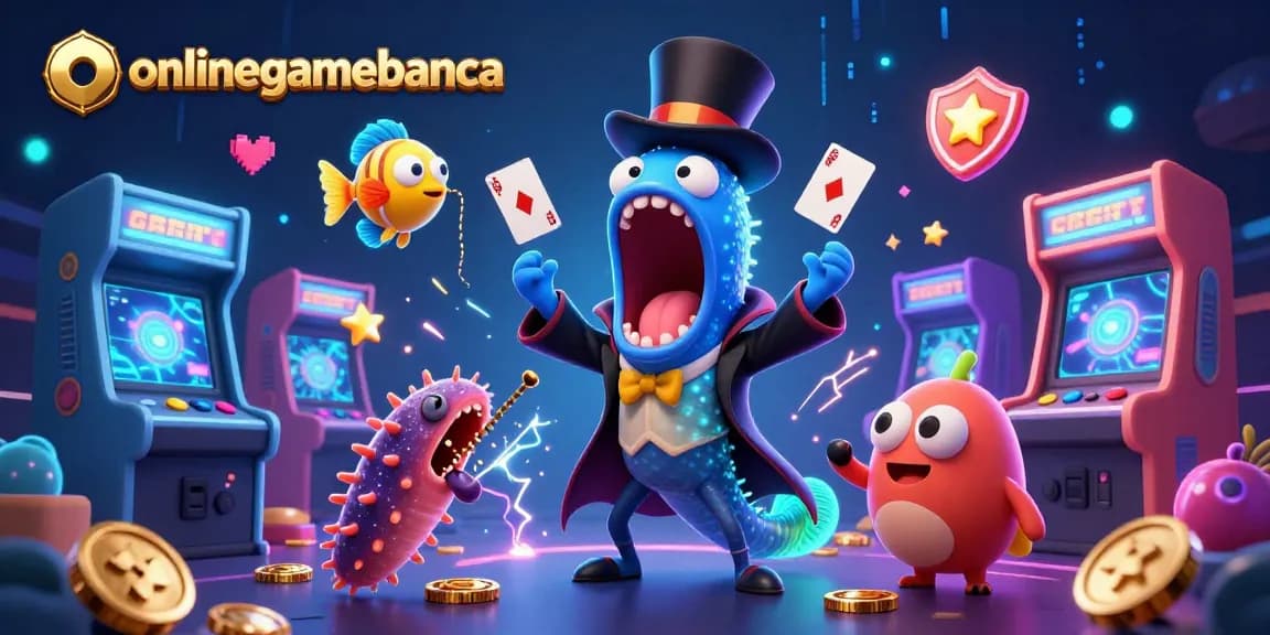 Engaging 3D illustration showcasing onlinegamebanca with vibrant casino magic characters performing tricks among arcade game elements.