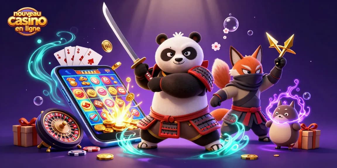 Jouez sur nouveau casino en ligne avec une illustration dynamique de personnages de casino.