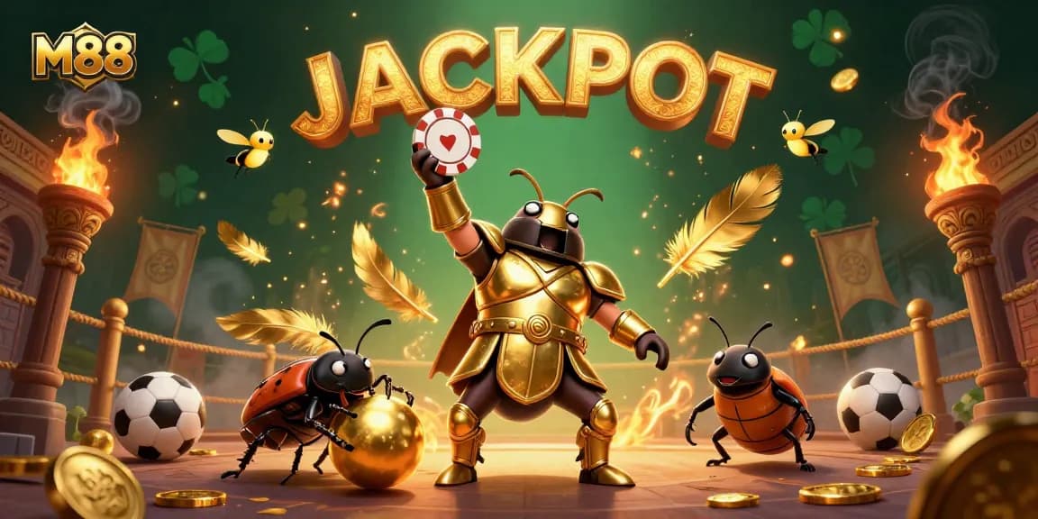 M88 brings excitement as a 3D cartoon hercules beetle in gladiator armor lifts a poker chip in victory.