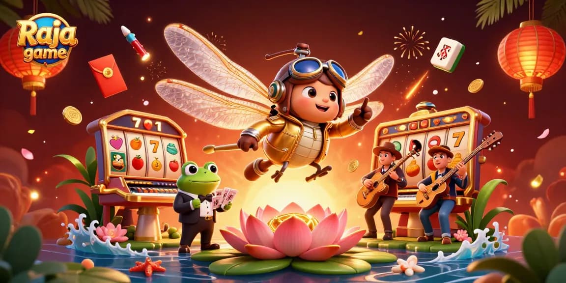 Experience the thrill of Raja game with an immersive casino scene featuring vibrant characters and dynamic slot elements.