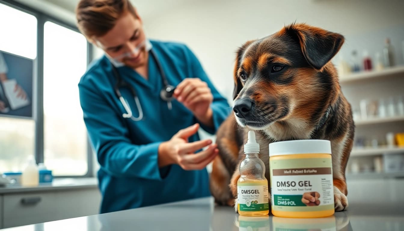 Veterinarian applying dmso for dogs gel on a joint in a pet clinic, enhancing comfort.